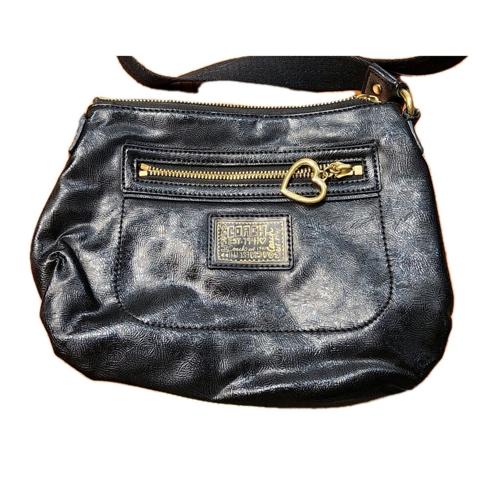 COACH Poppy Daisy Liquid Gloss Black Patent Leather Crossbody Bag 22147